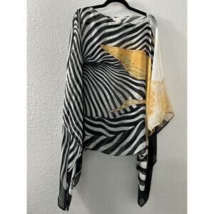 GOTTEX silk Black White Stripe Brown Bird Scarf Wrap Sarong One‎ Size Boho Beach
